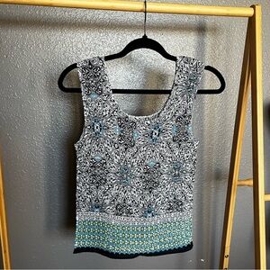 Sleeveless Patterned Tank Top in Black, White & Teal